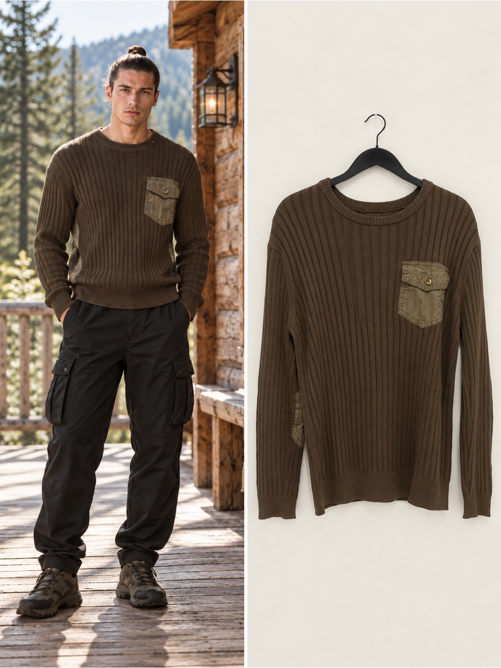 Roark Men's Olive Ribbed Crewneck Sweater with Utility Pocket